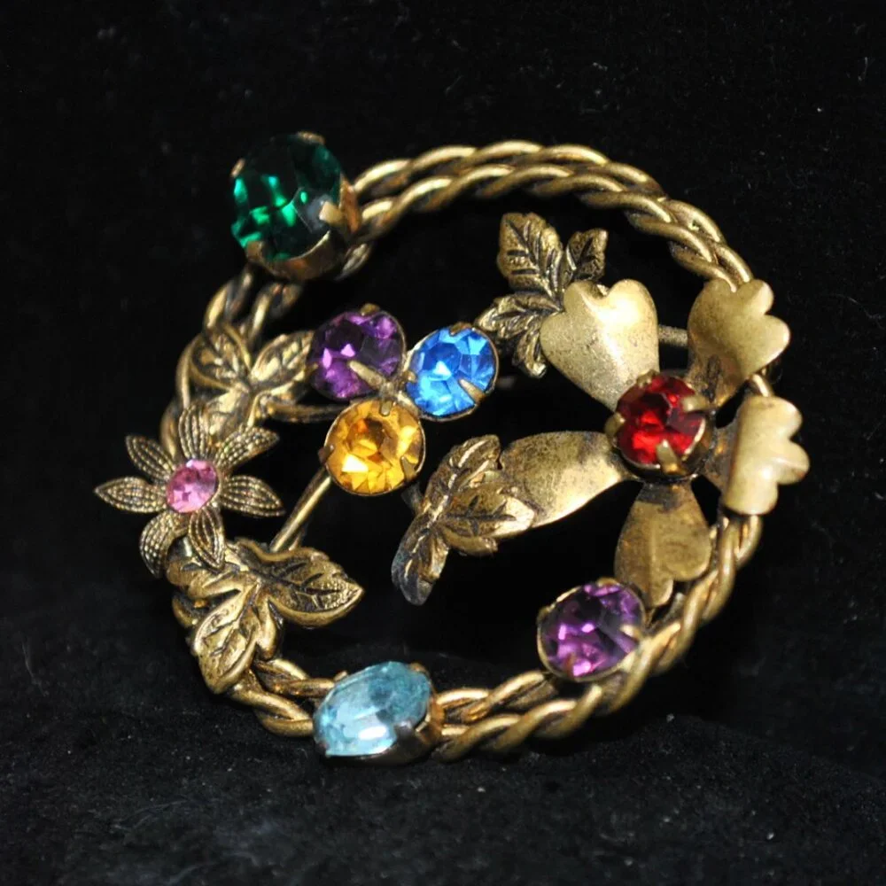 Vintage Floral Brooch with Multicolor Glass Z Made in Austria